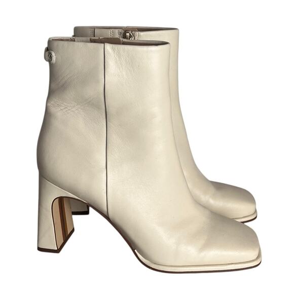 Sam Edelman Irie Heeled Leather Booties Womens 8.5 Cream Square Toe Mid Calf - Picture 3 of 12